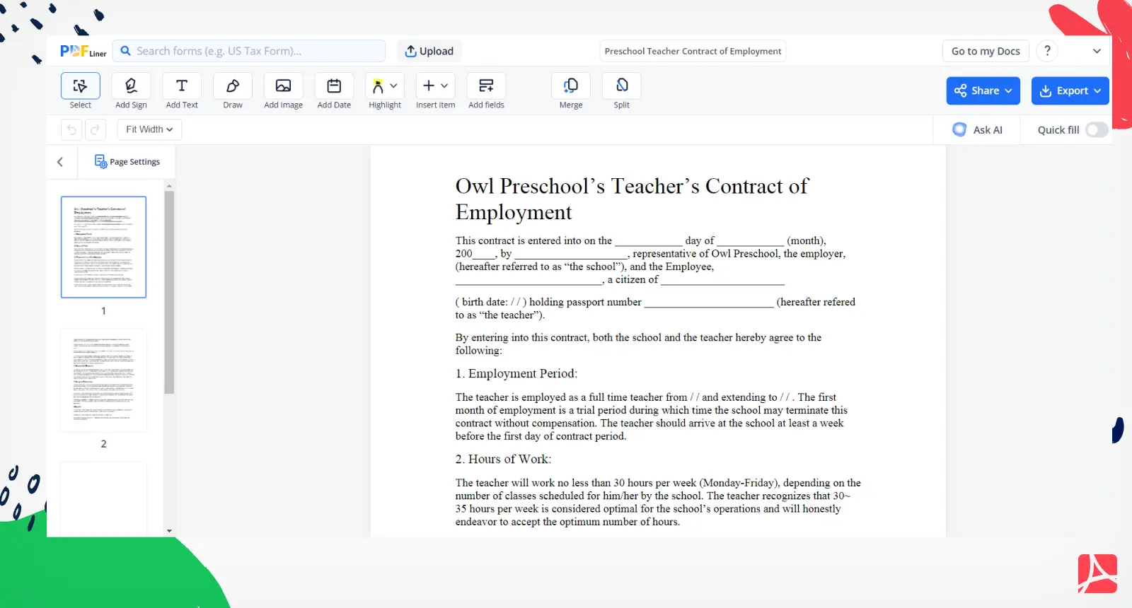 Preschool Teacher Contract of Employment Screenshot