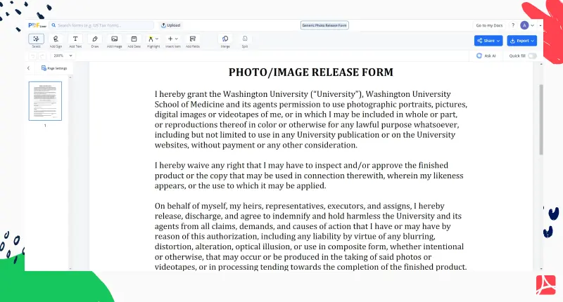 generic photo release form screenshot