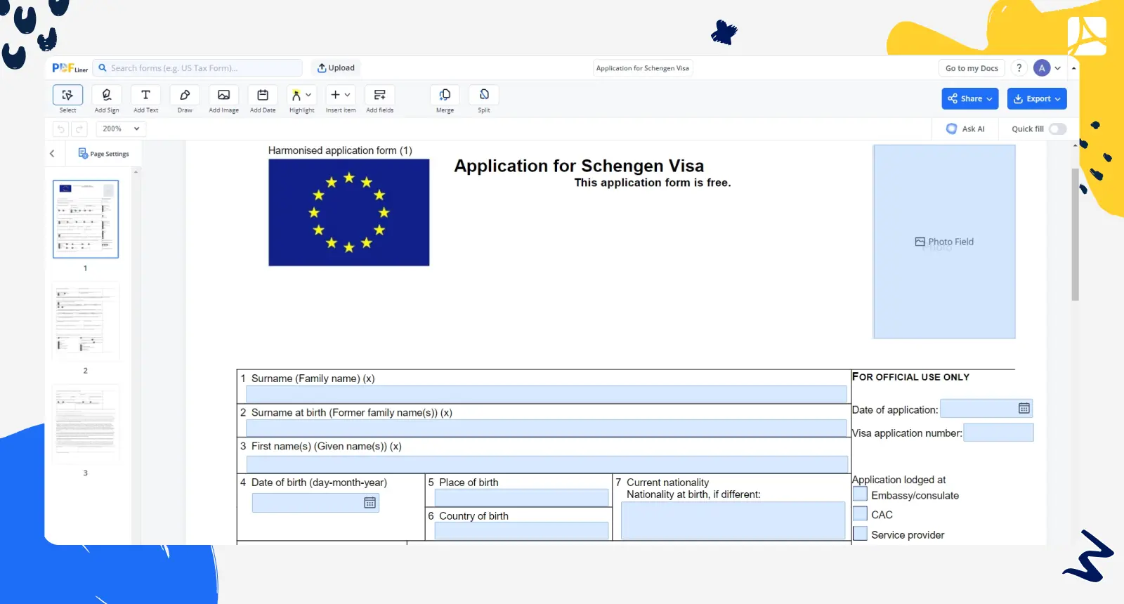 application for schengen visa screenshot