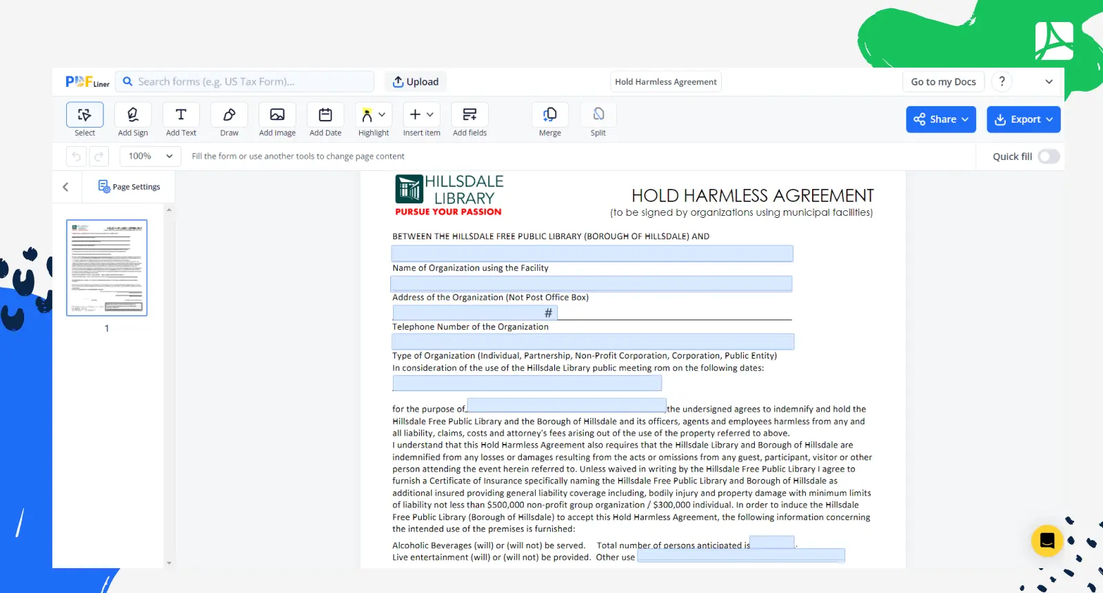 Hold Harmless Agreement Form Screenshot