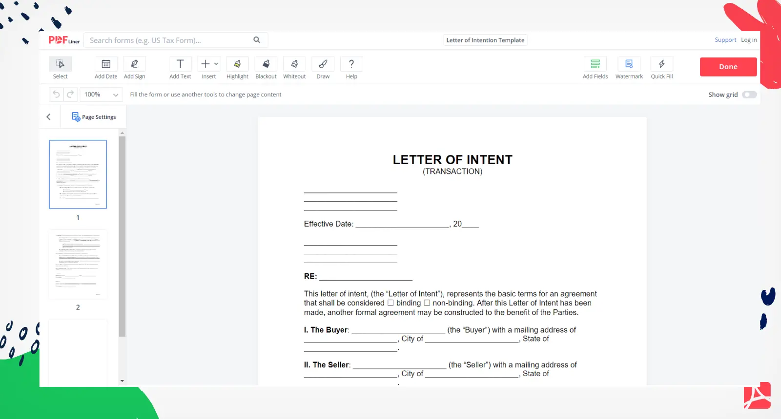 Letter of Intention Template Form Screenshot