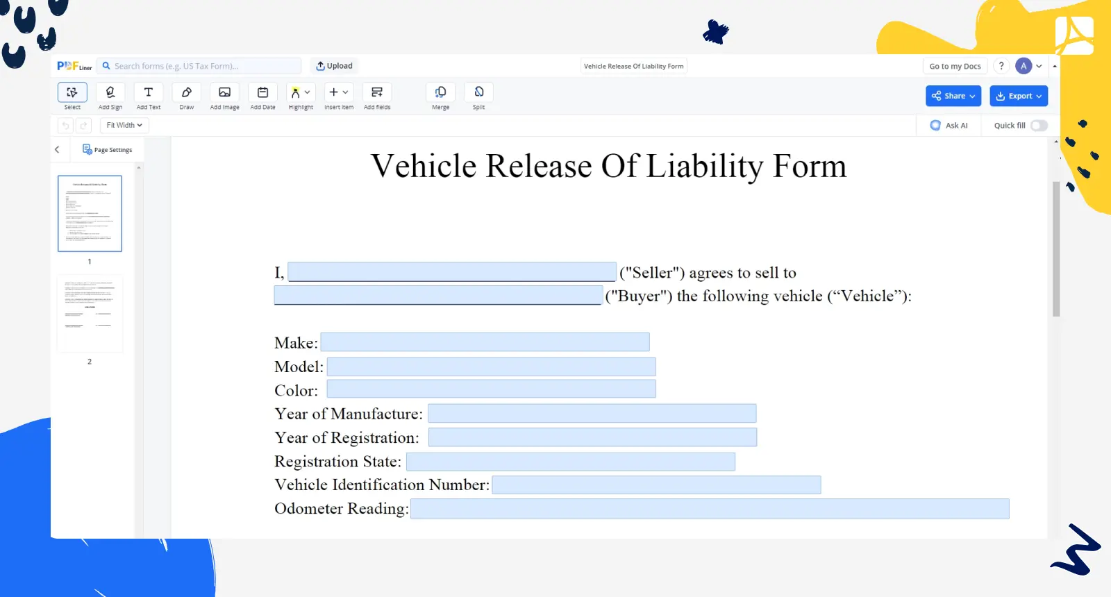 vehicle release of liability form screenshot