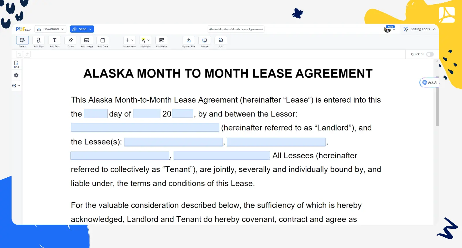 Alaska Month-to-Month Lease Agreement PDFLiner screenshot
