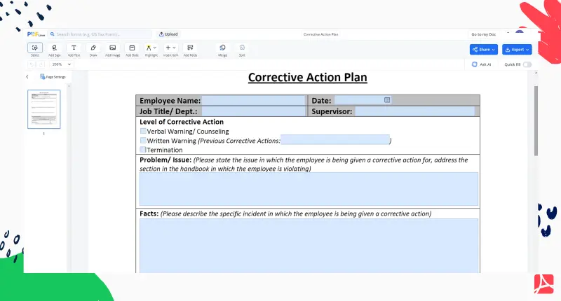corrective action plan screenshot