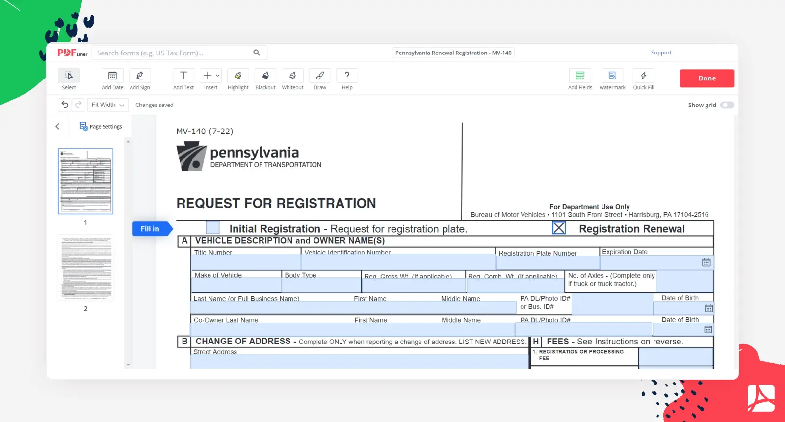 renewing pa registration form screenshot