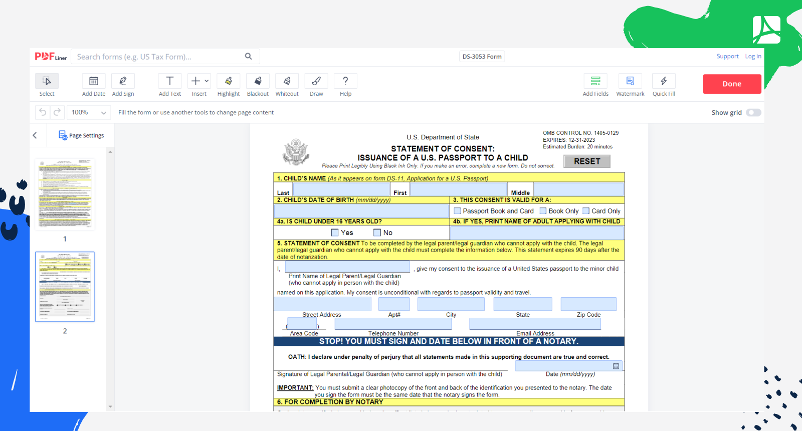 Fillable DS 3053 Form Printable Passport DS 3053 Blank PDFliner