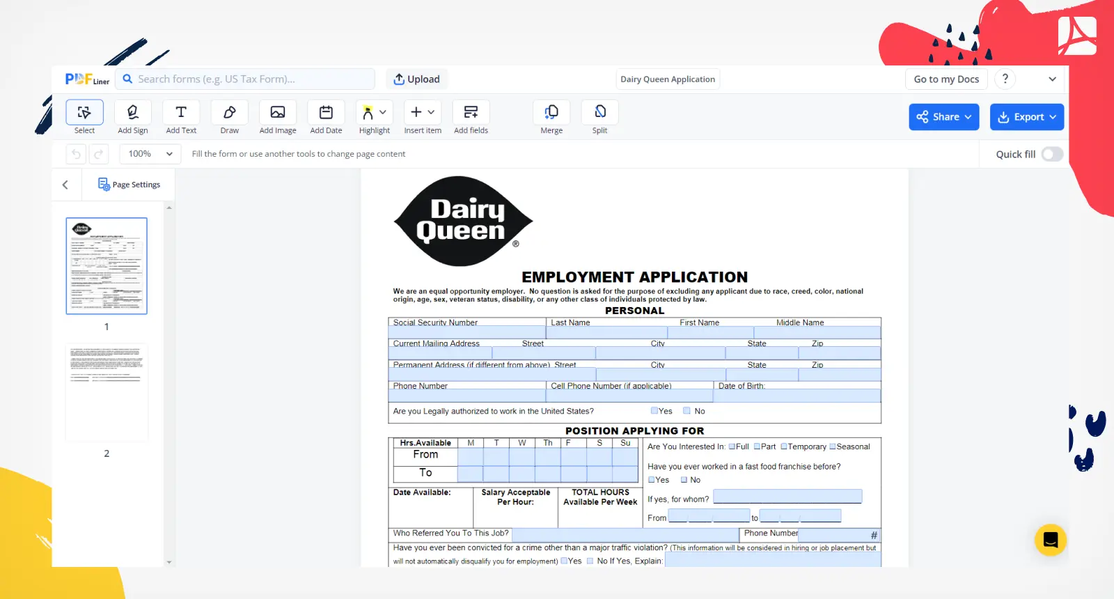 Dairy Queen Job Application Form Screenshot