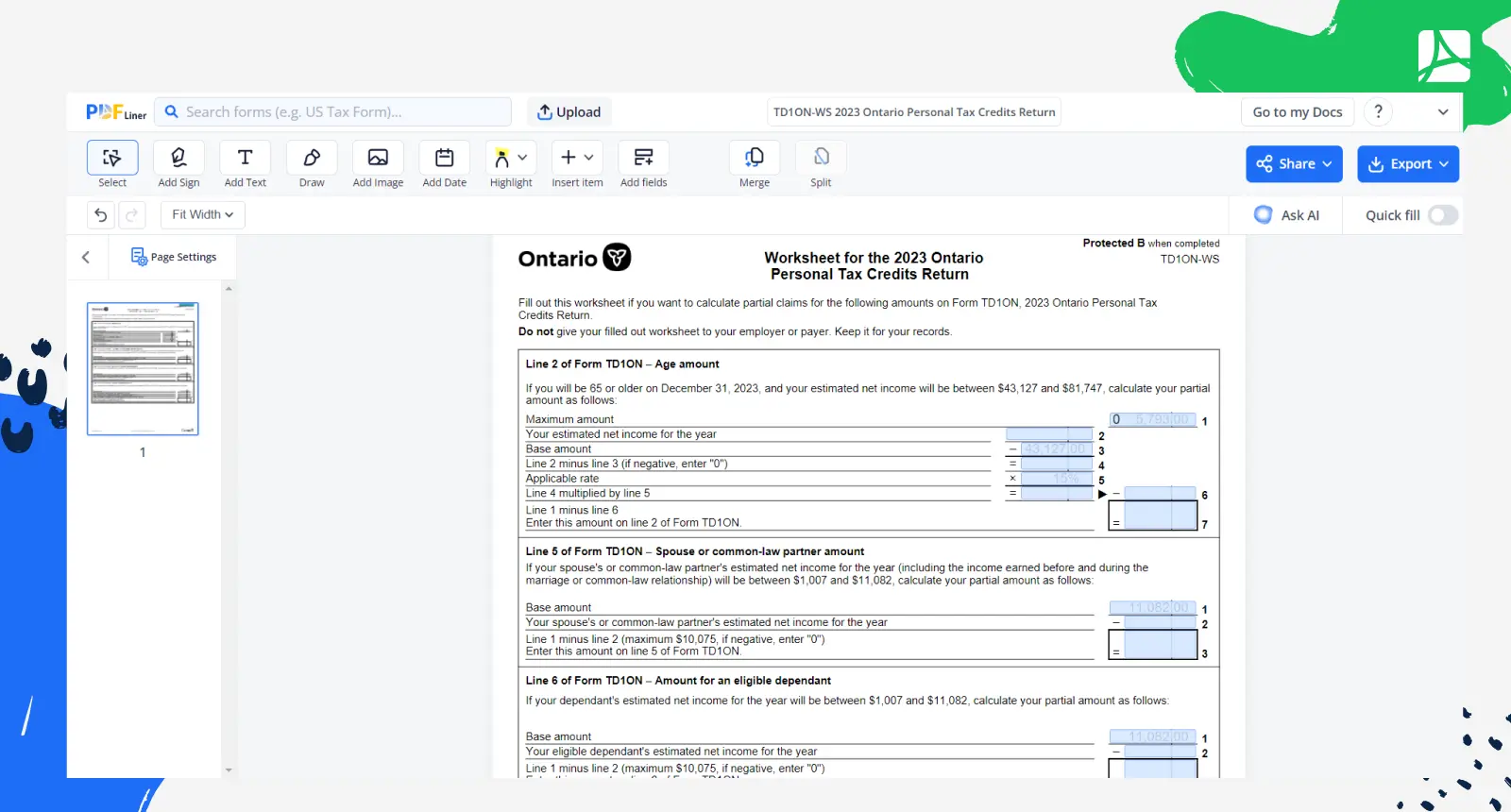 TD1ON-WS 2023 Ontario Personal Tax Credits Return Screenshot