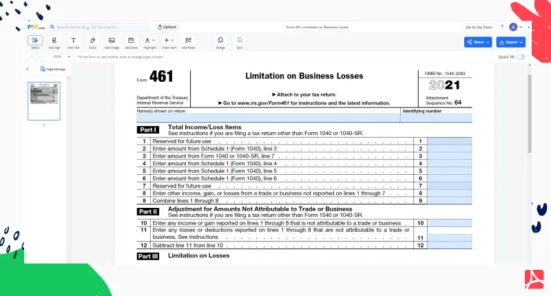 Form 461, Limitation on Business Losses screenshot