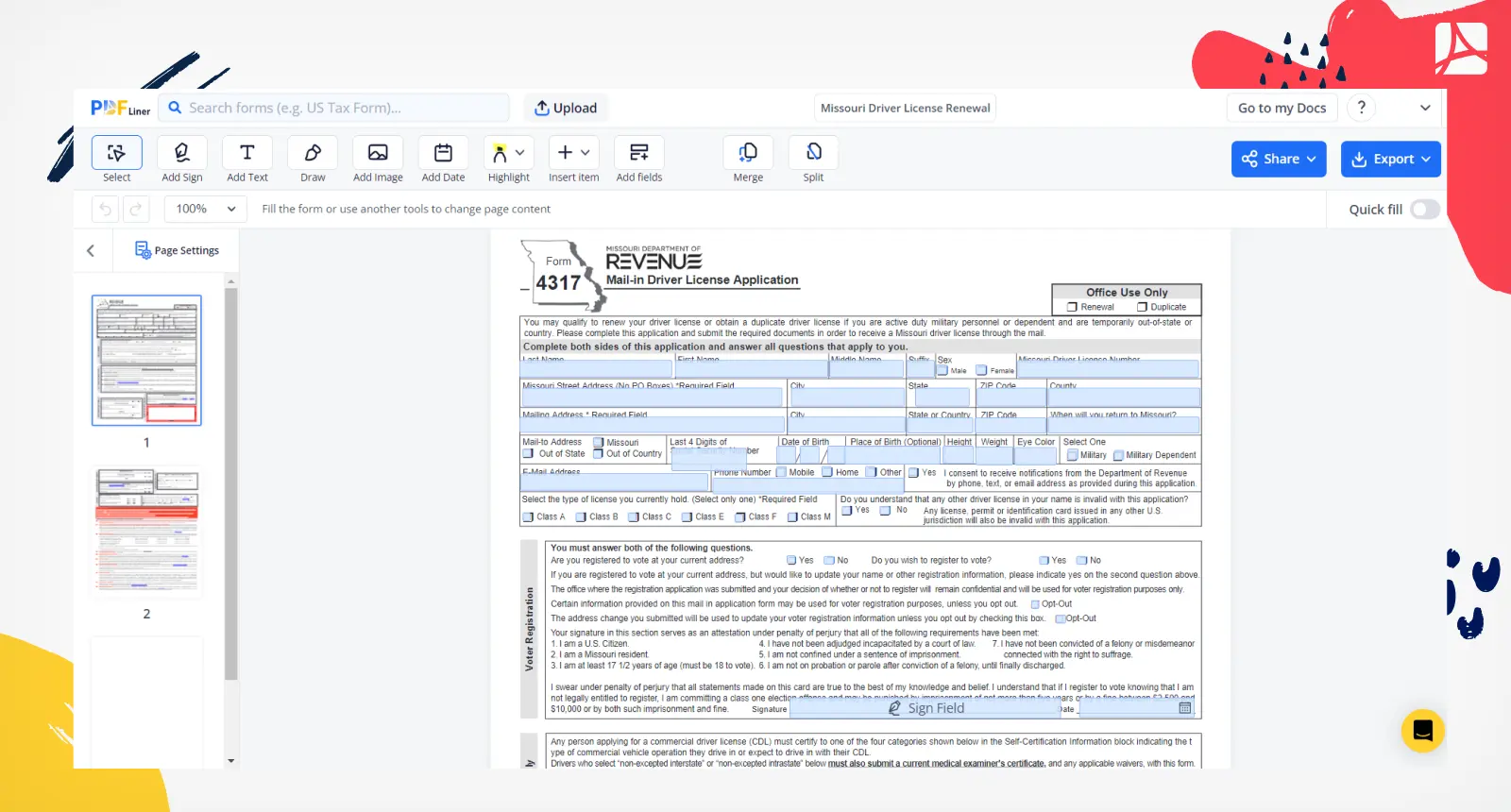 Driver License Renewal Missouri Form Screenshot