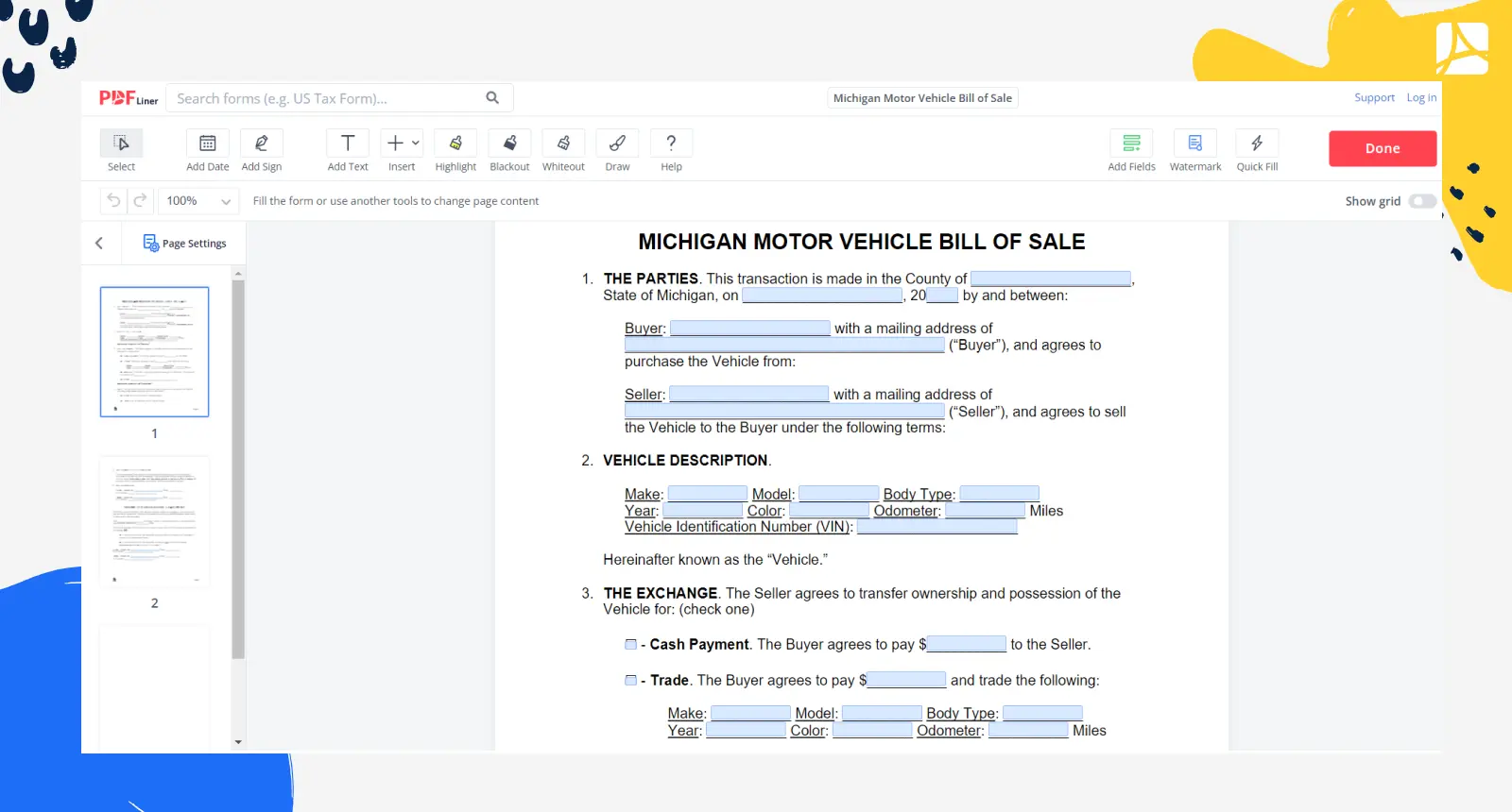 Michigan Motor Vehicle Bill of Sale Form Screenshot
