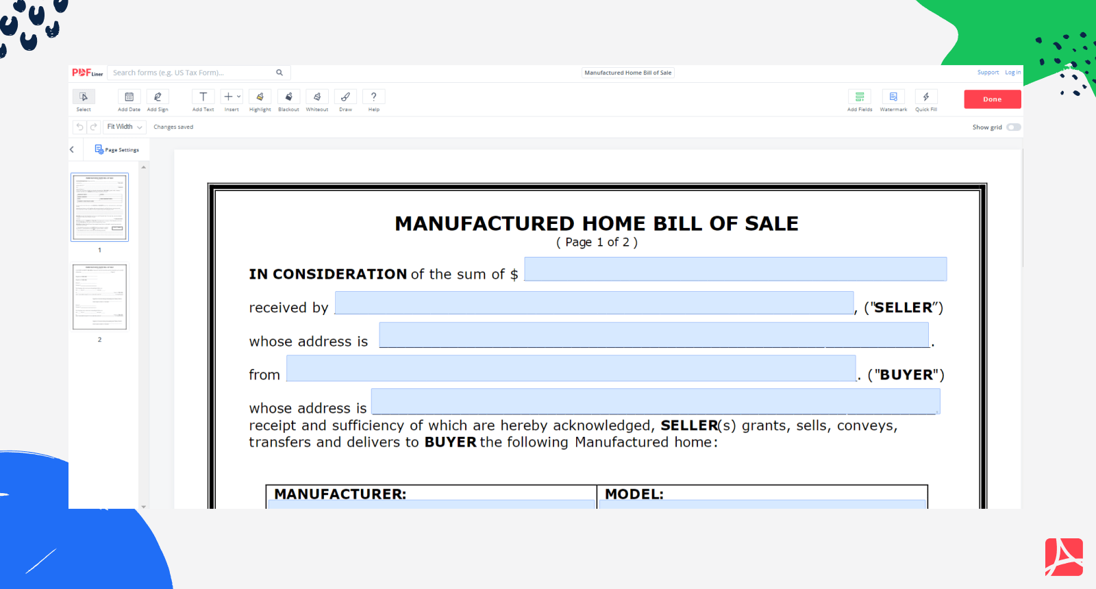 Manufactured Home Bill of Sale on PDFLiner