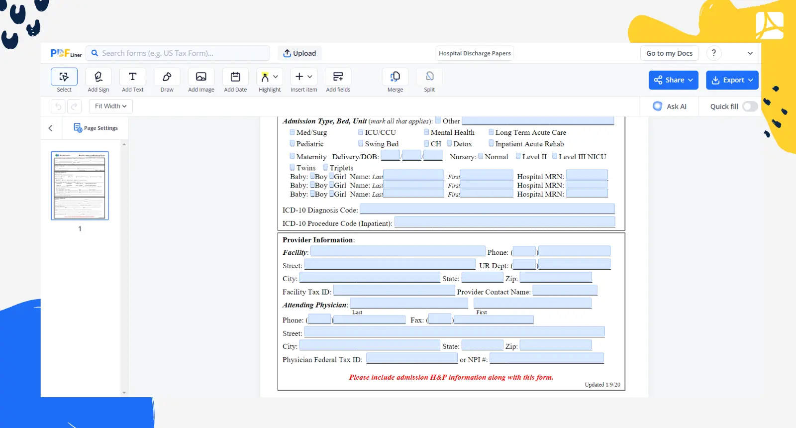 Hospital Discharge Form Provider data section on PDFLiner