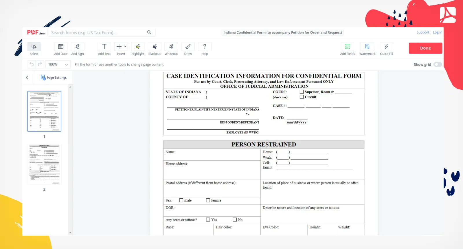 Indiana Confidential Form Screenshot