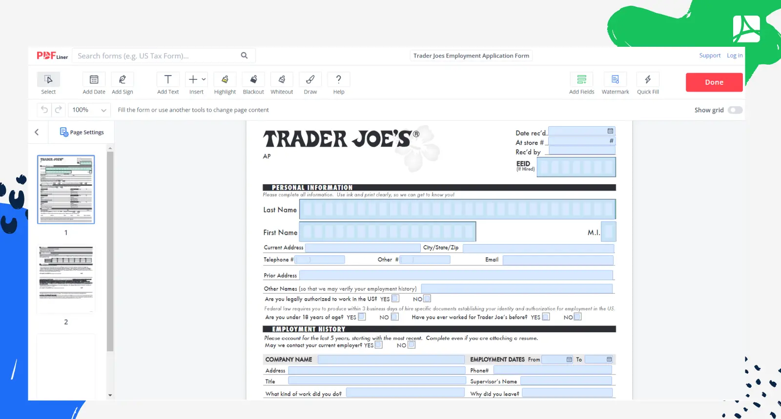 Trader Joes Employment Application Form Screenshot