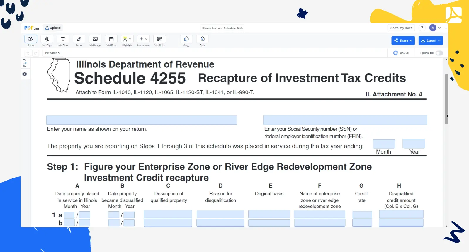 Illinois Tax Form Schedule 4255 PDFLiner screenshot 