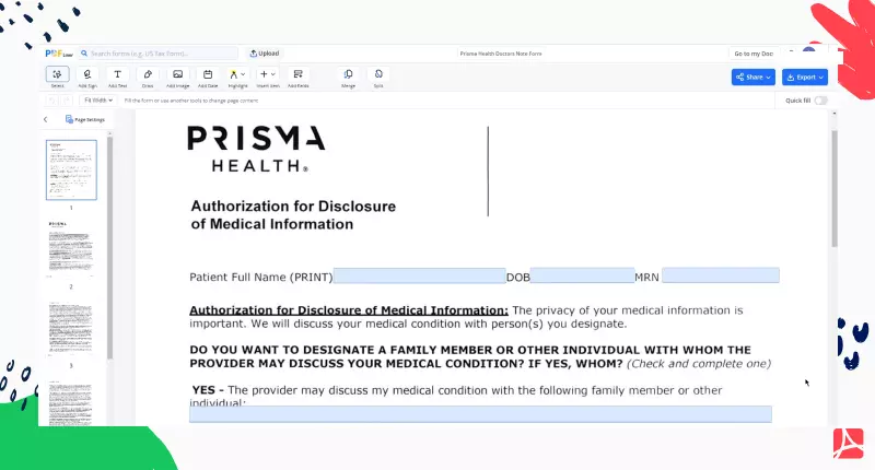 Prisma Health Doctors Note Form screenshot