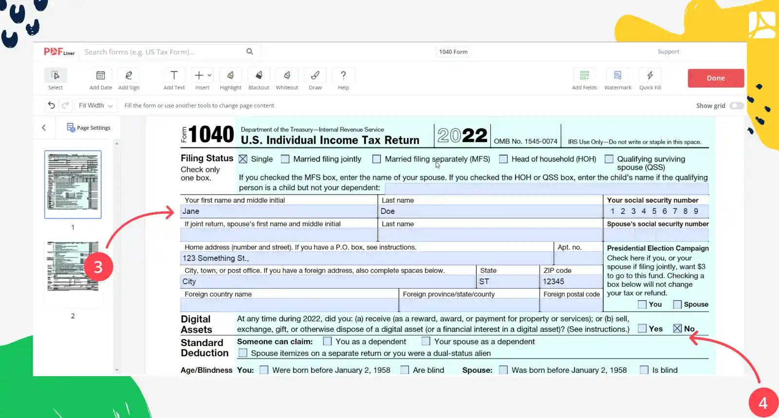 form 1040 filling example steps 3 and 4