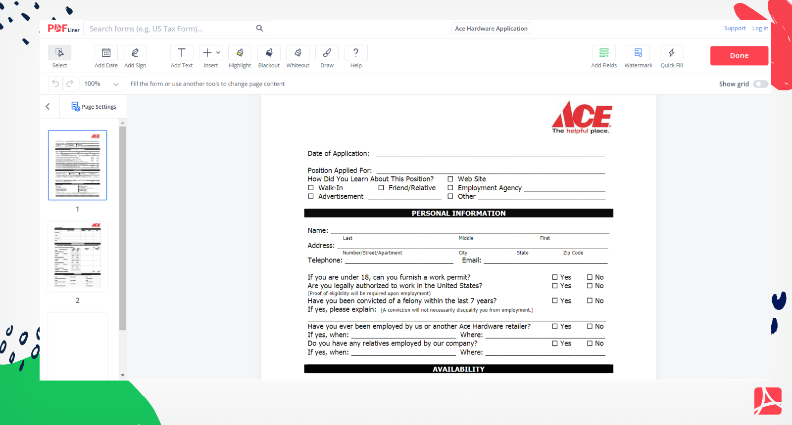 Ace Hardware Application Form Screenshot
