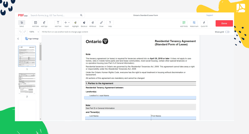 Ontario Standard Lease Form in PDFLiner editor
