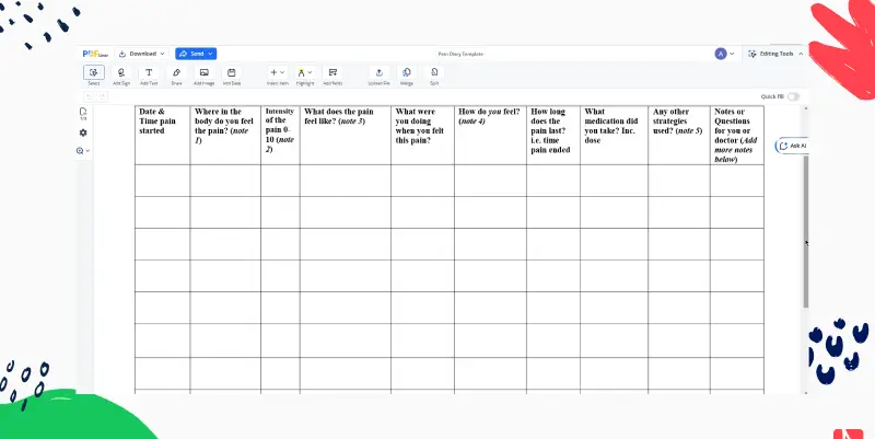Pain Diary Template