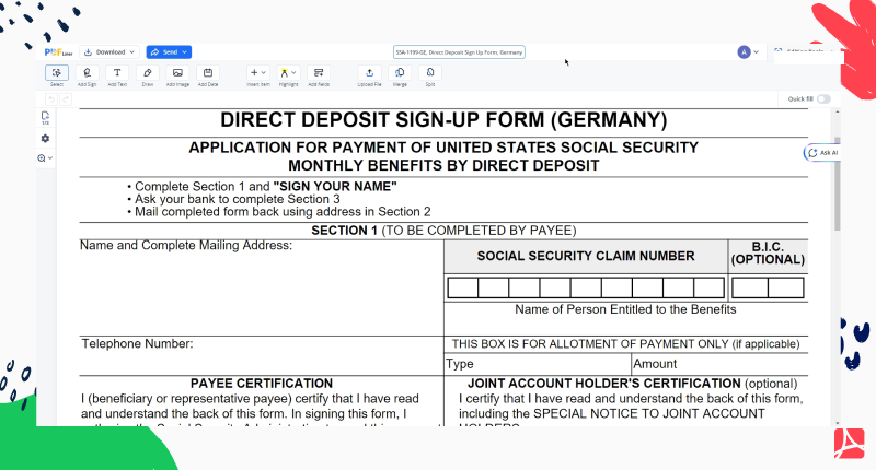 SSA-1199-GE, Direct Deposit Sign Up Form, Germany screenshot