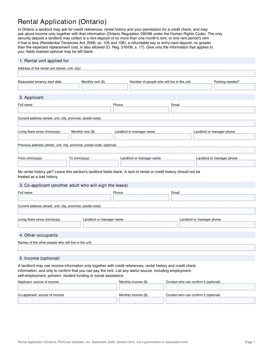 Ontario rental application template, page 1 (PDFLiner)