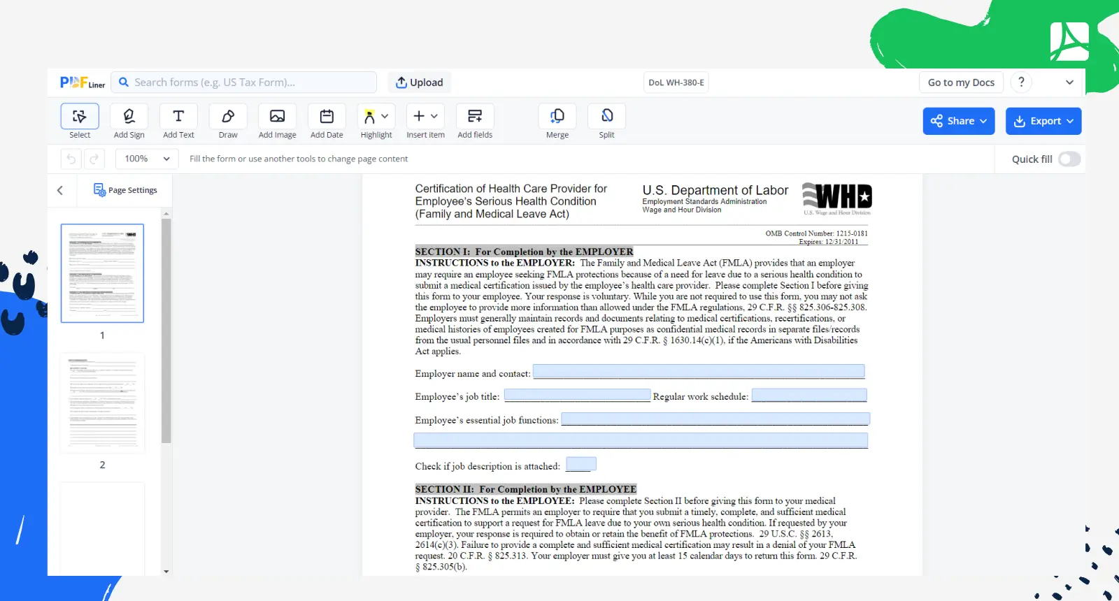 DoL WH-380-E Form Screenshot