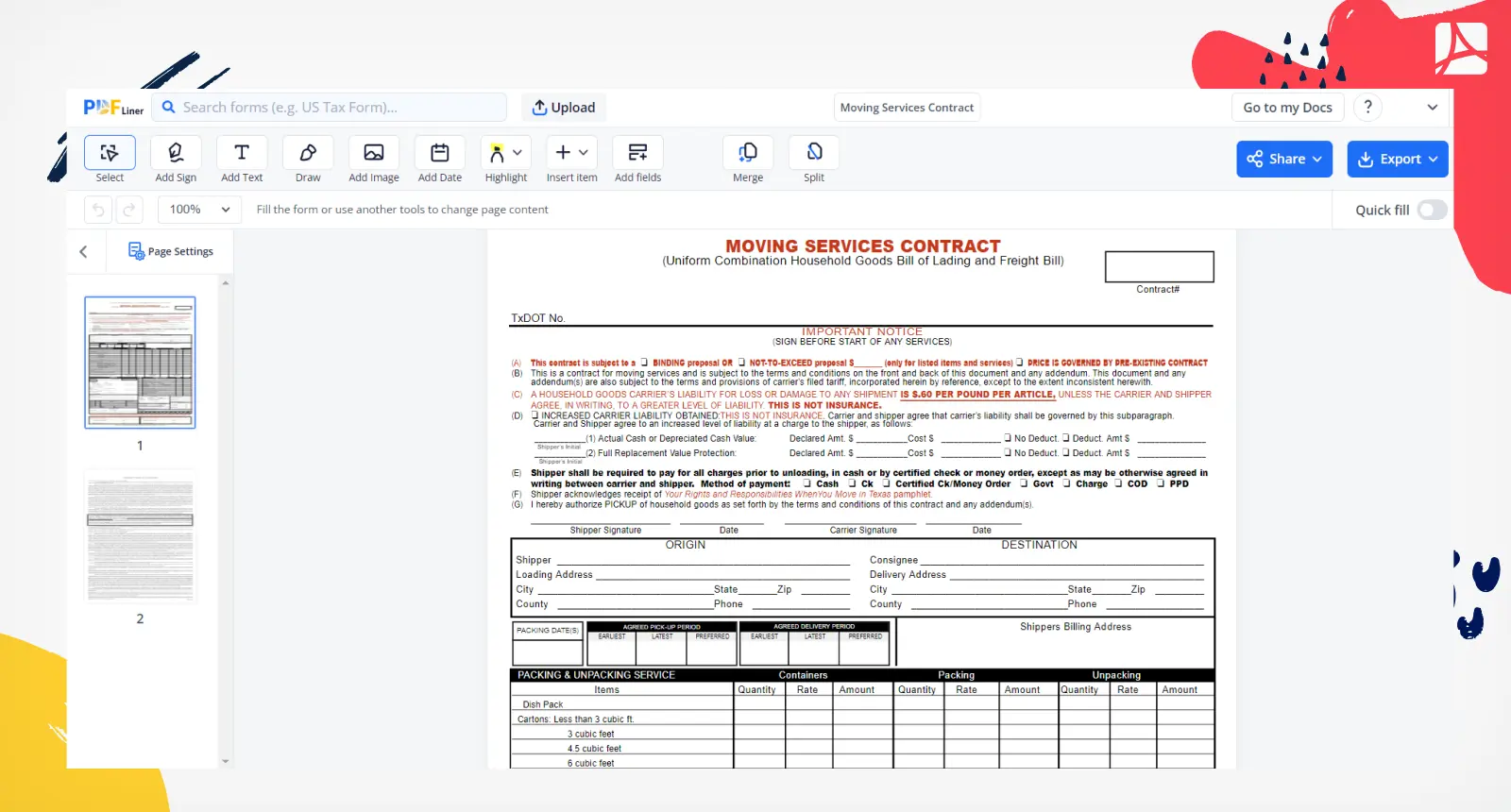 Moving Services Contract Form Screenshot