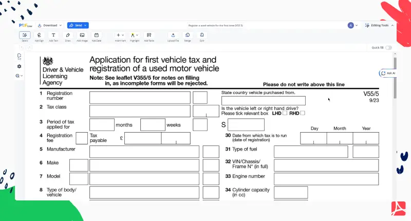 Register a used vehicle for the first time screenshot