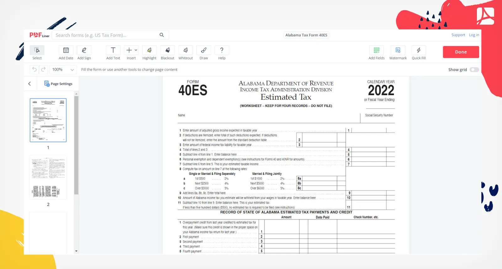 Alabama Tax Form 40ES Screenshot
