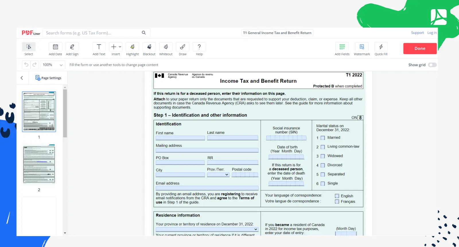 T1 General Income Tax and Benefit Return Form Screenshot