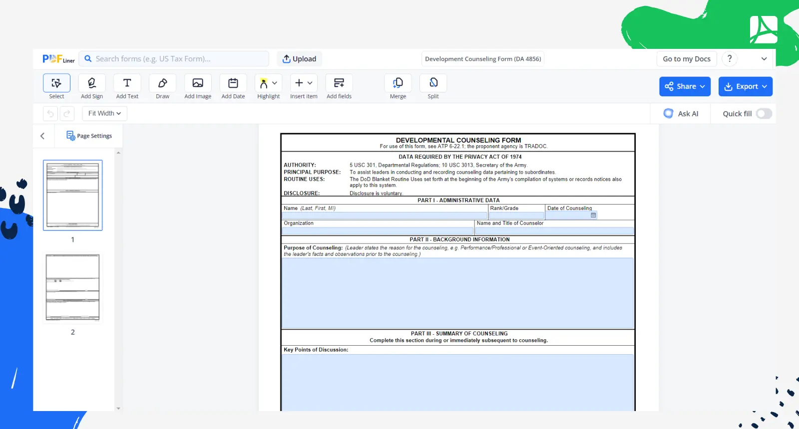 DA Form 485 Development Counseling Form Screenshot