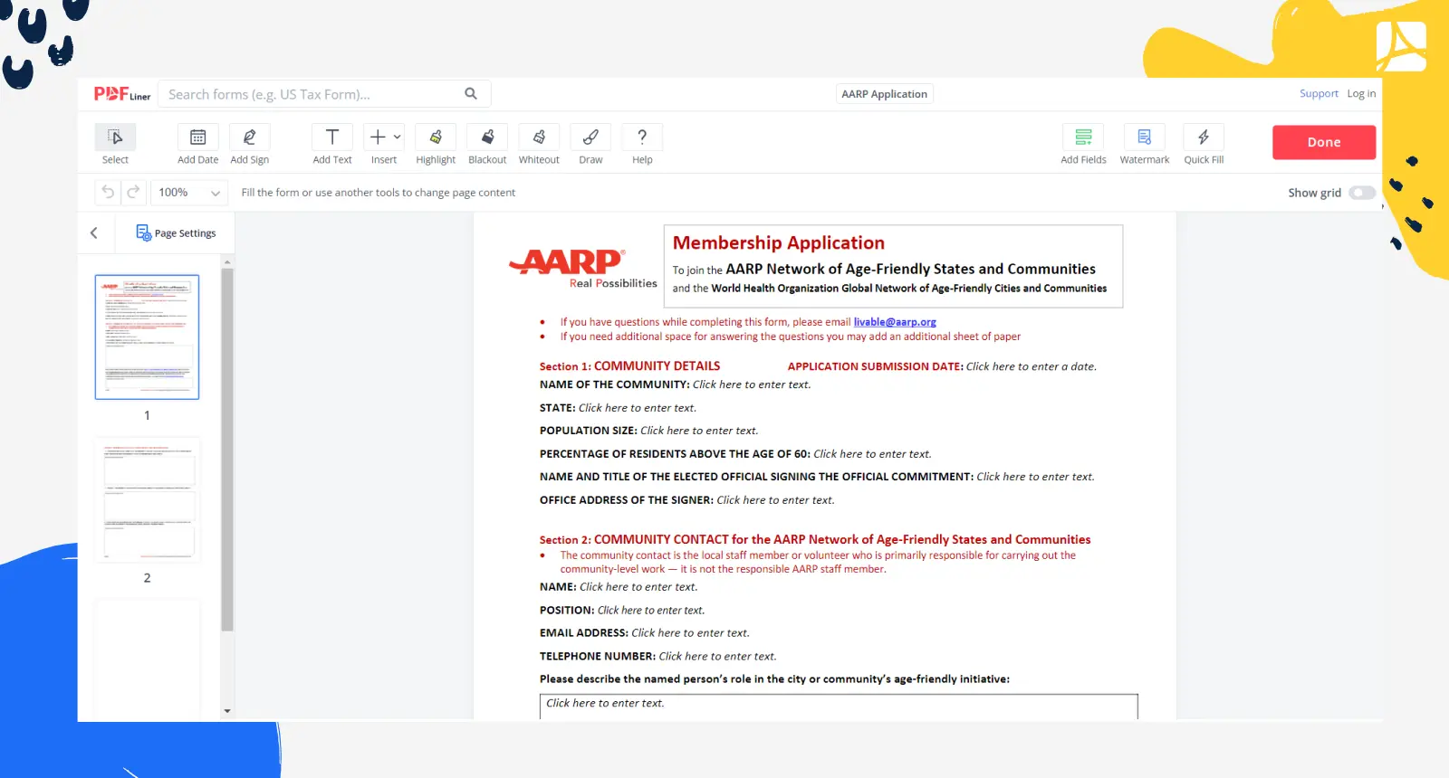 AARP Application Form Screenshot