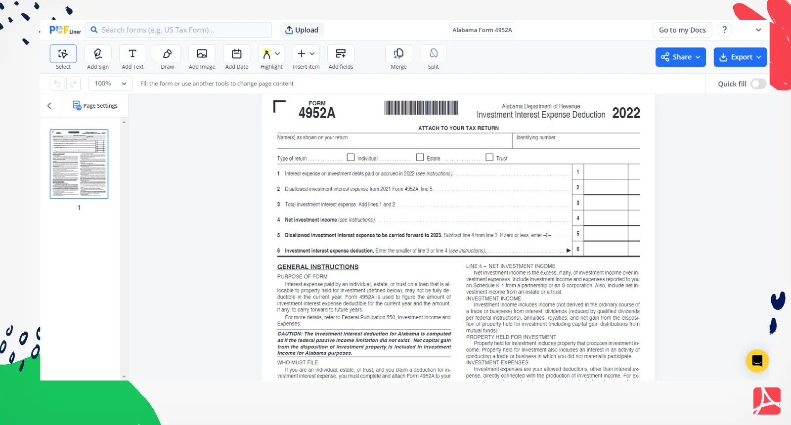 Alabama Form 4952A Screenshot