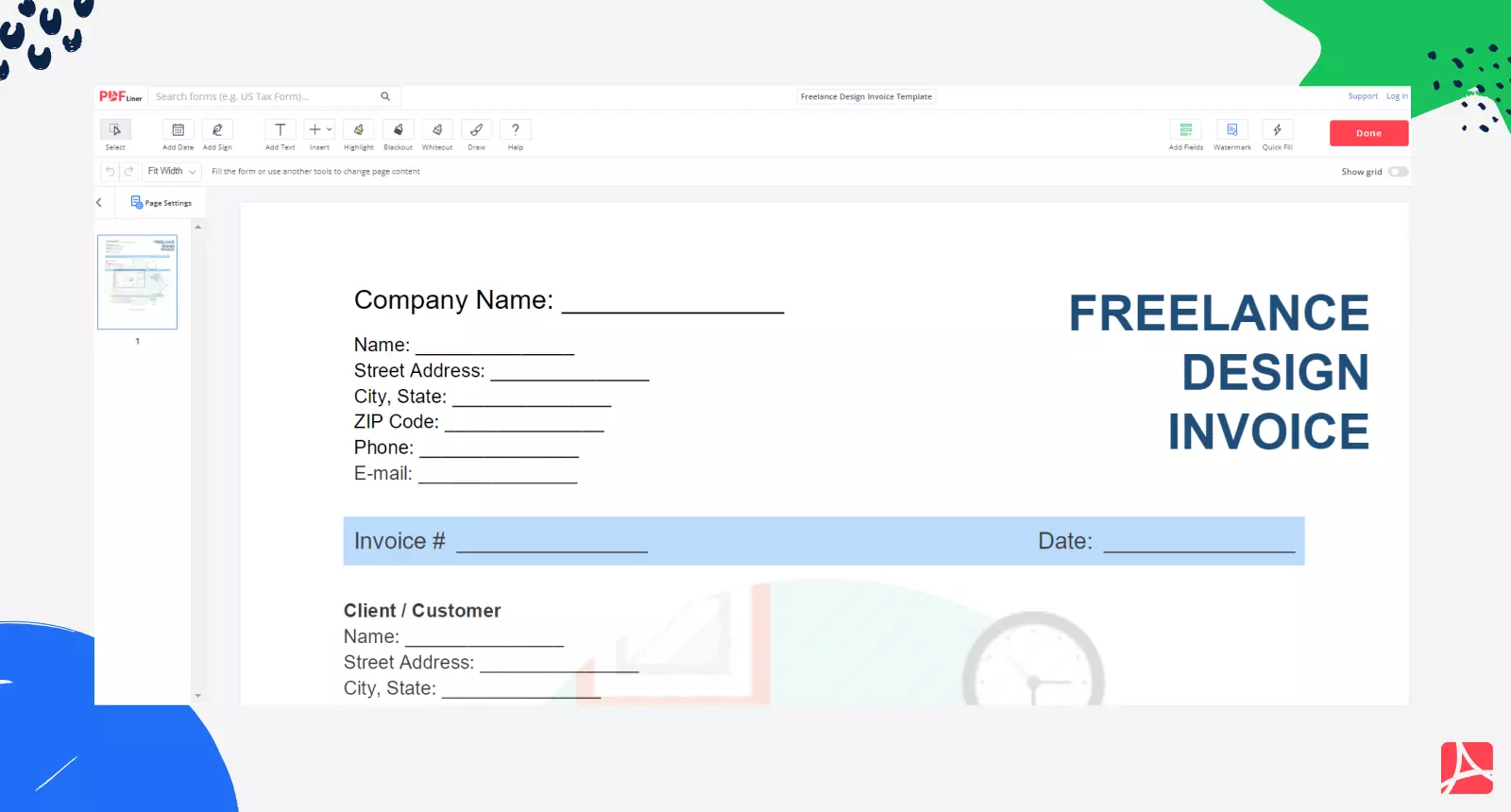Freelance Design Invoice Template on PDFLiner