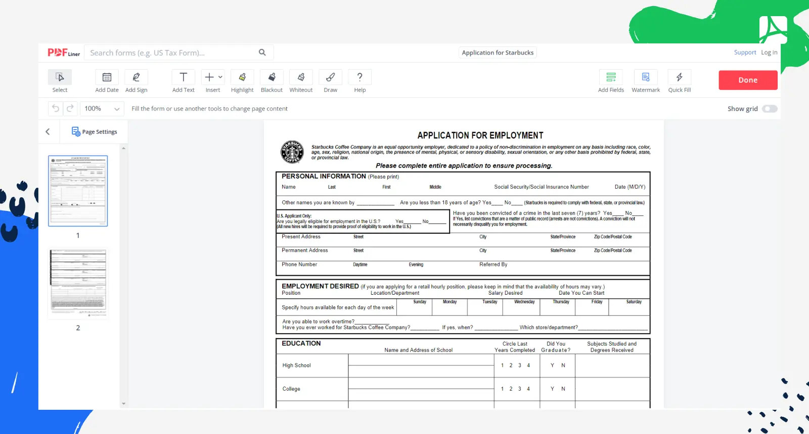 Application for Starbucks Form Screenshot