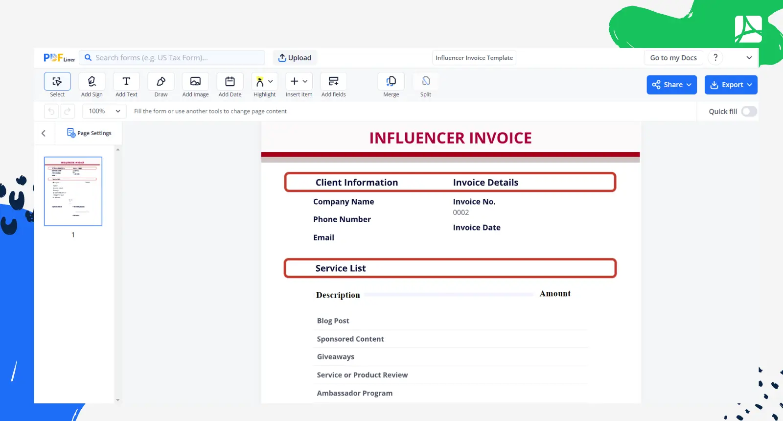 Influencer Invoice Template Screenshot