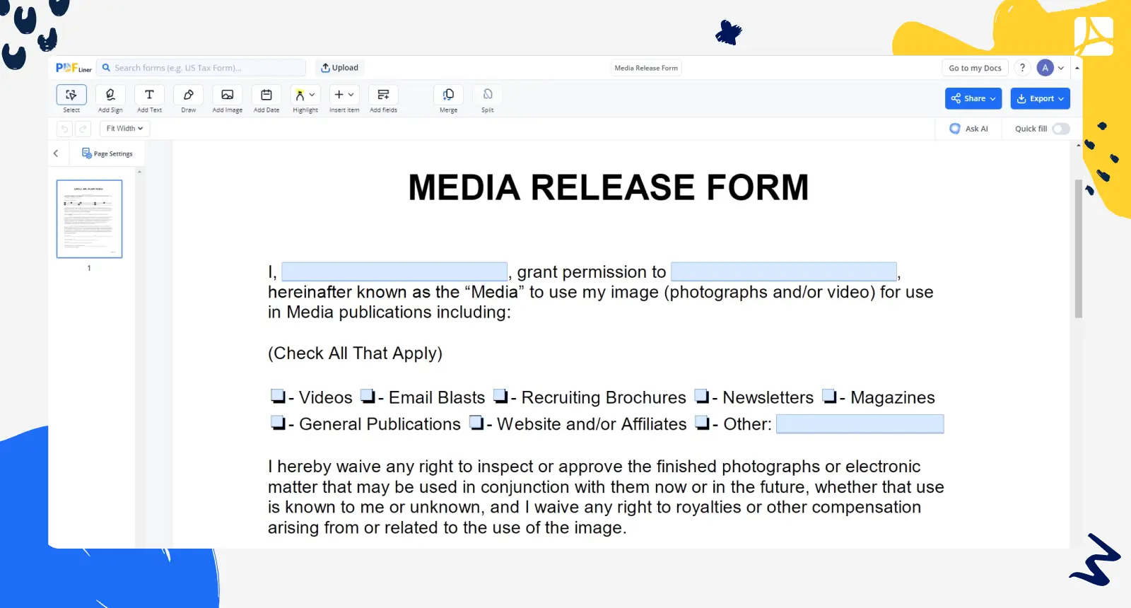 media release form screenshot
