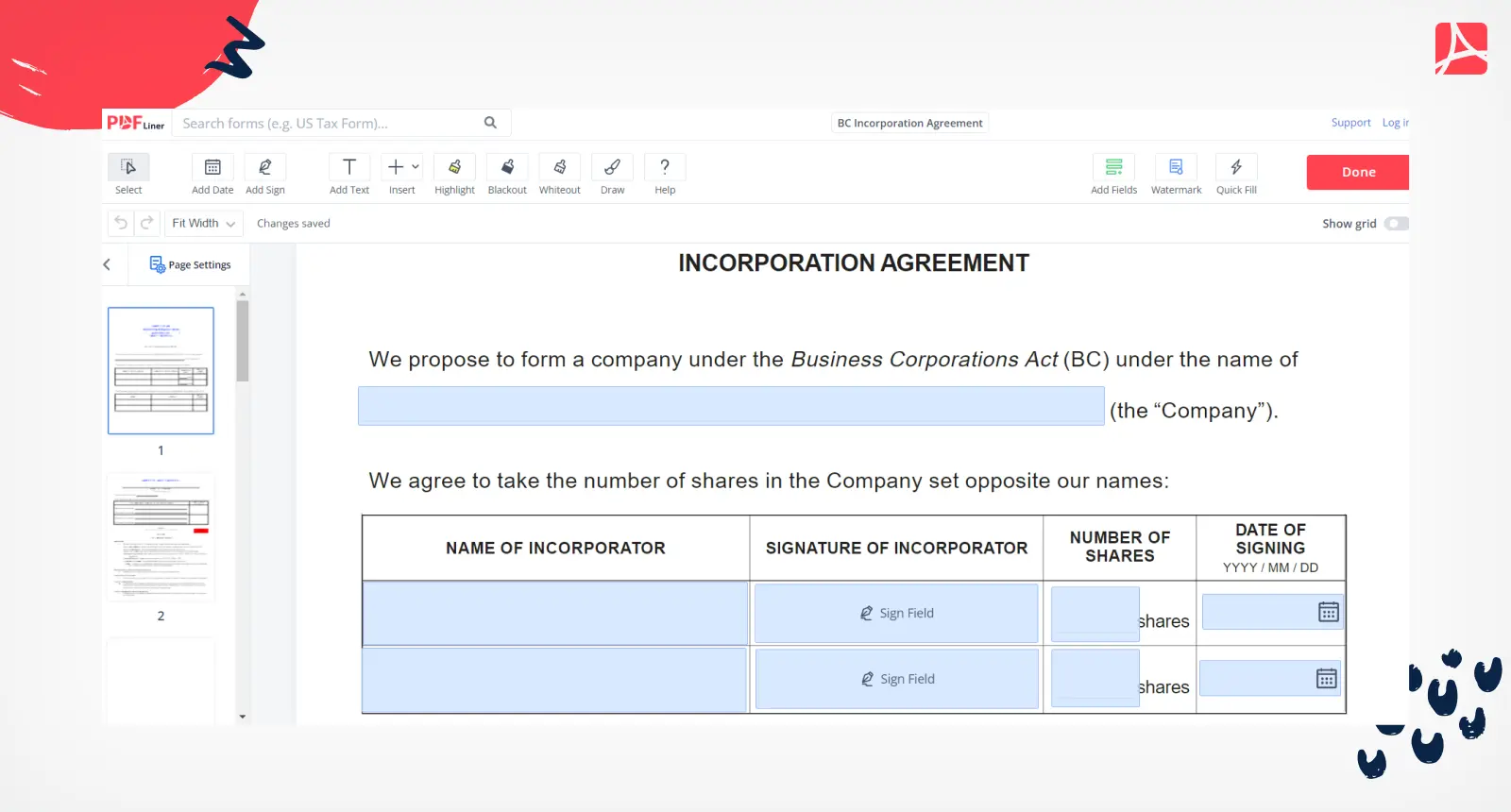 BC Incorporation Agreement on PDFLiner