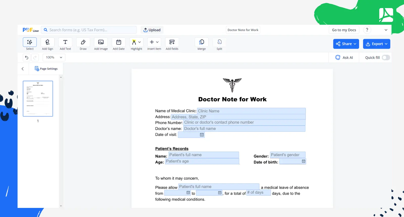 Doctor note for work screenshot 1 in PDFLiner editor