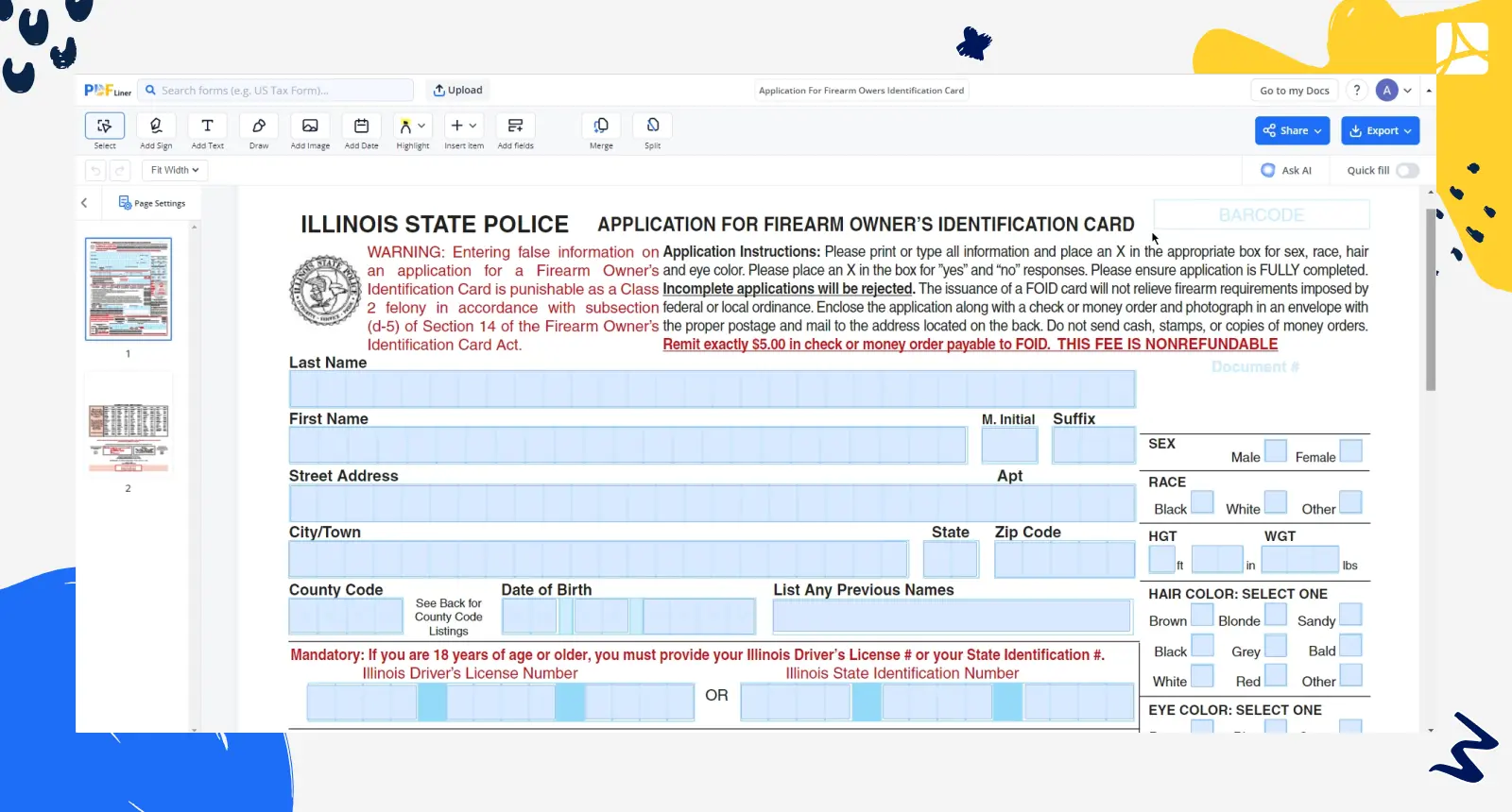 application for firearm owers identification card screenshot