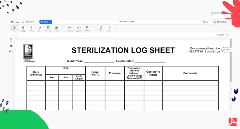 Sterilization Log Sheet screenshot