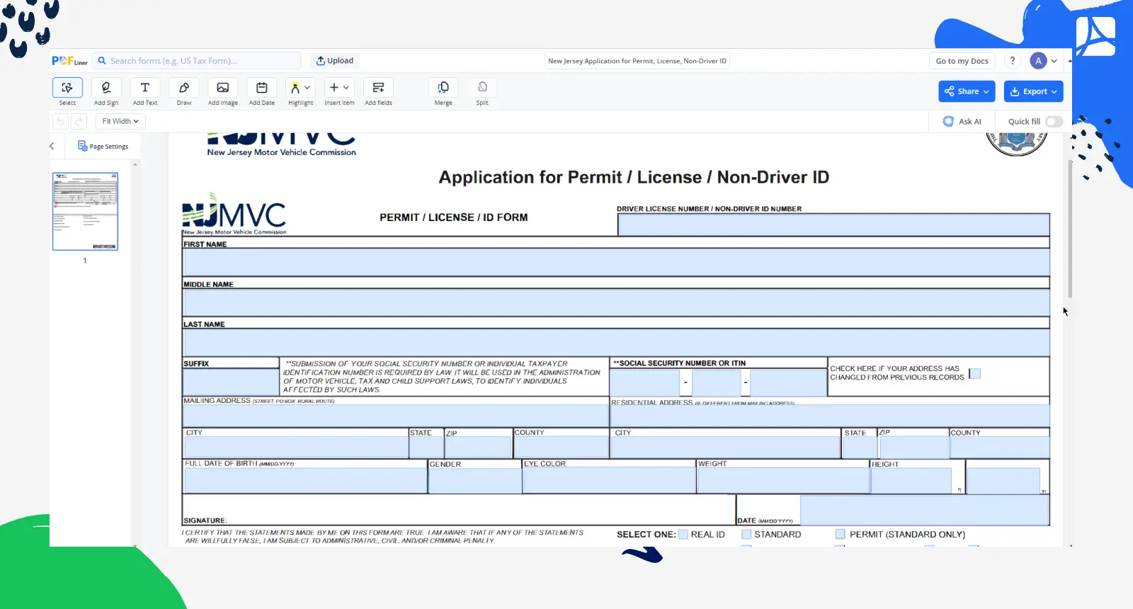 new jersey application for permit screenshot