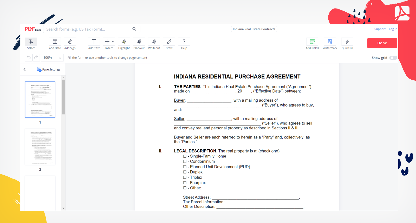 Indiana Real Estate Contracts Form Screenshot