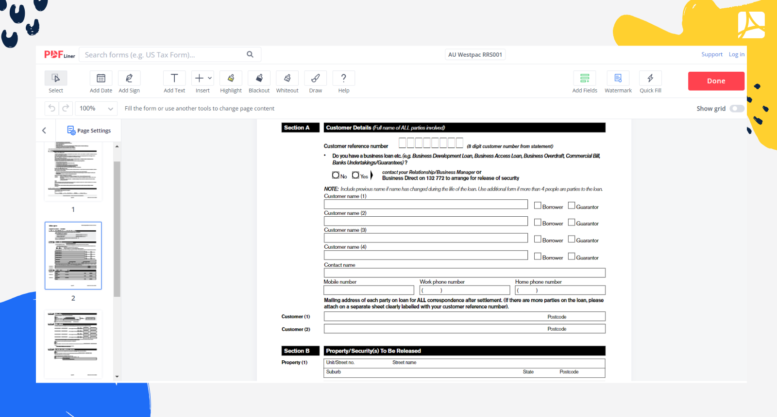AU Westpac RRS001 Form Screenshot