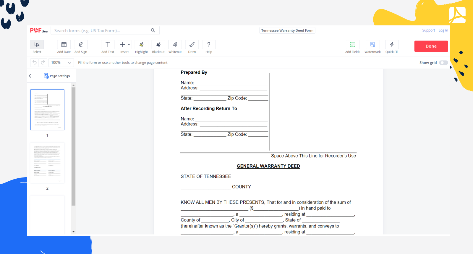 Tennessee Warranty Deed Form Screenshot