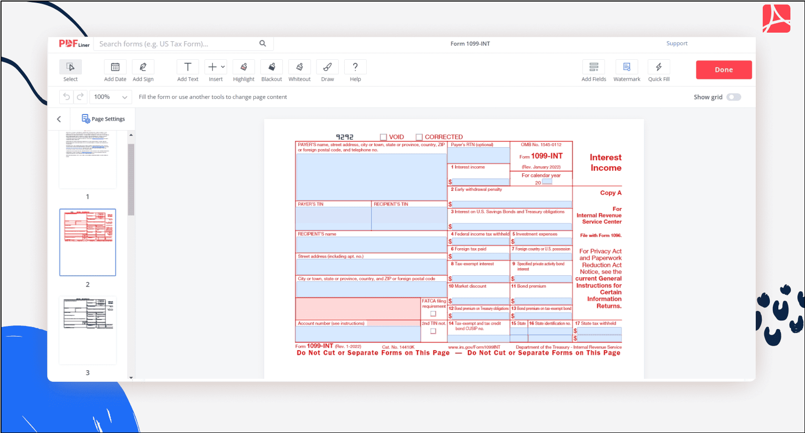 IRS Form 1099INT Sign 1099 form online PDFliner