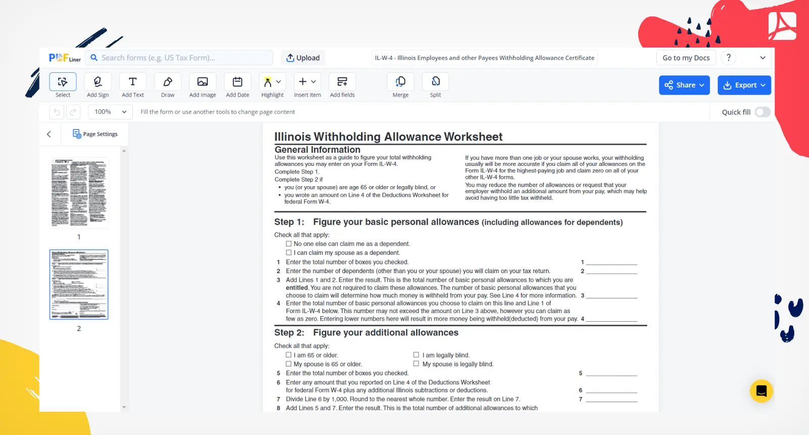 Illinois Employee's and other Payee's Withholding Allowance Certificate Screenshot