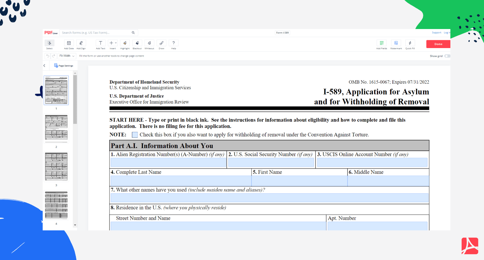Form I589, Application for Asylum blank, sign forms online — PDFliner